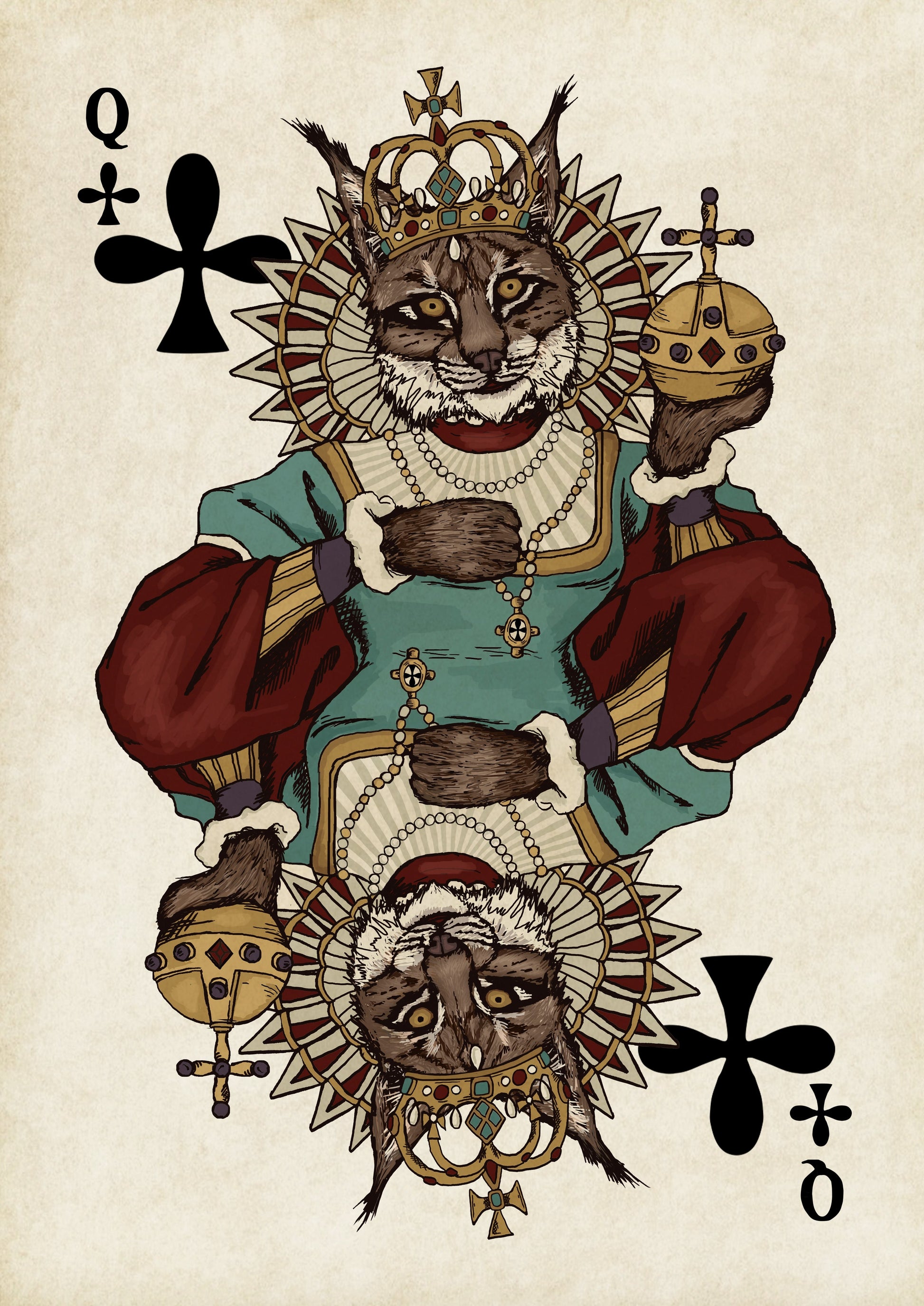 Queen of Clubs, Lynx, playing card illustration, by Domnall Starkie