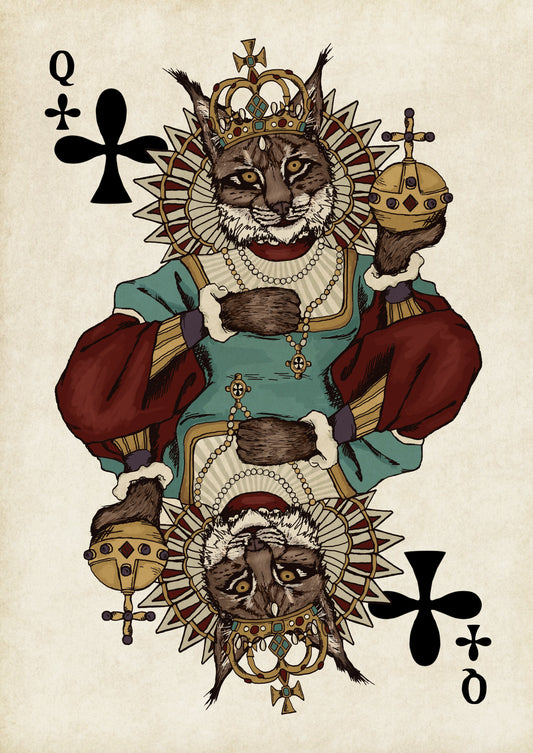 Queen of Clubs, Lynx, playing card illustration, by Domnall Starkie