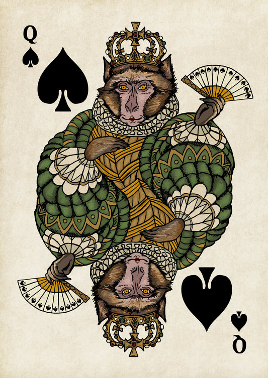 Animal Playing Card Illustration, Monkey Queen of Spades